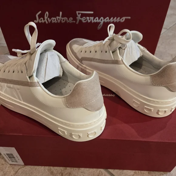 Salvatore Ferragamo White Leather Sneakers with Beige Suede Accents